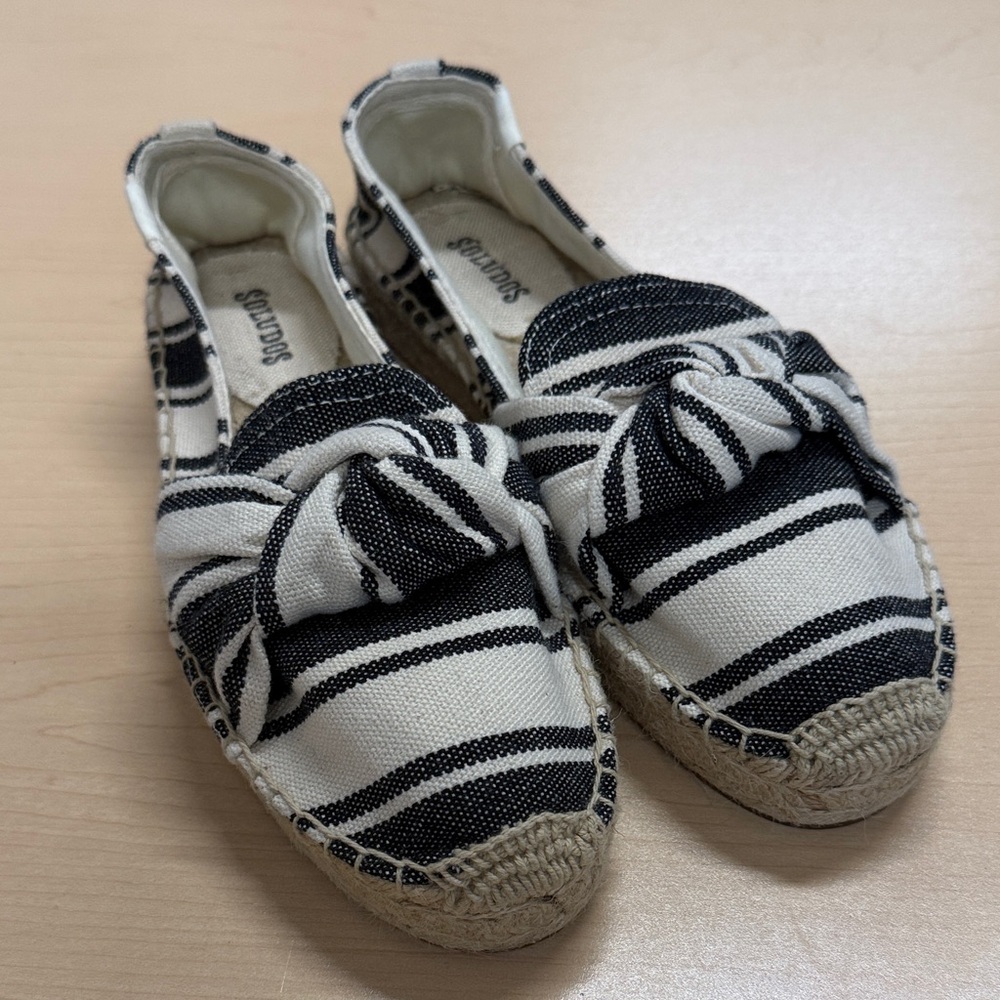 Soludos Black & Cream Striped  Canvas Knot Espadrilles Size 7